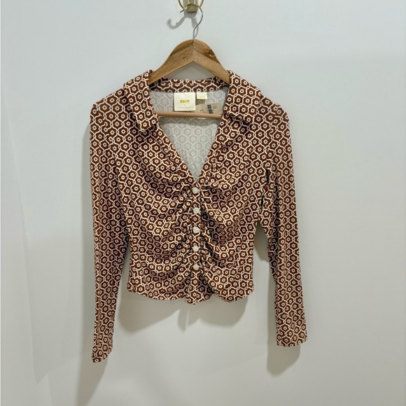 Anthropologie Tops - Anthropologie Brown and Cream Geometric Ruched Button-Down Top NWT medium